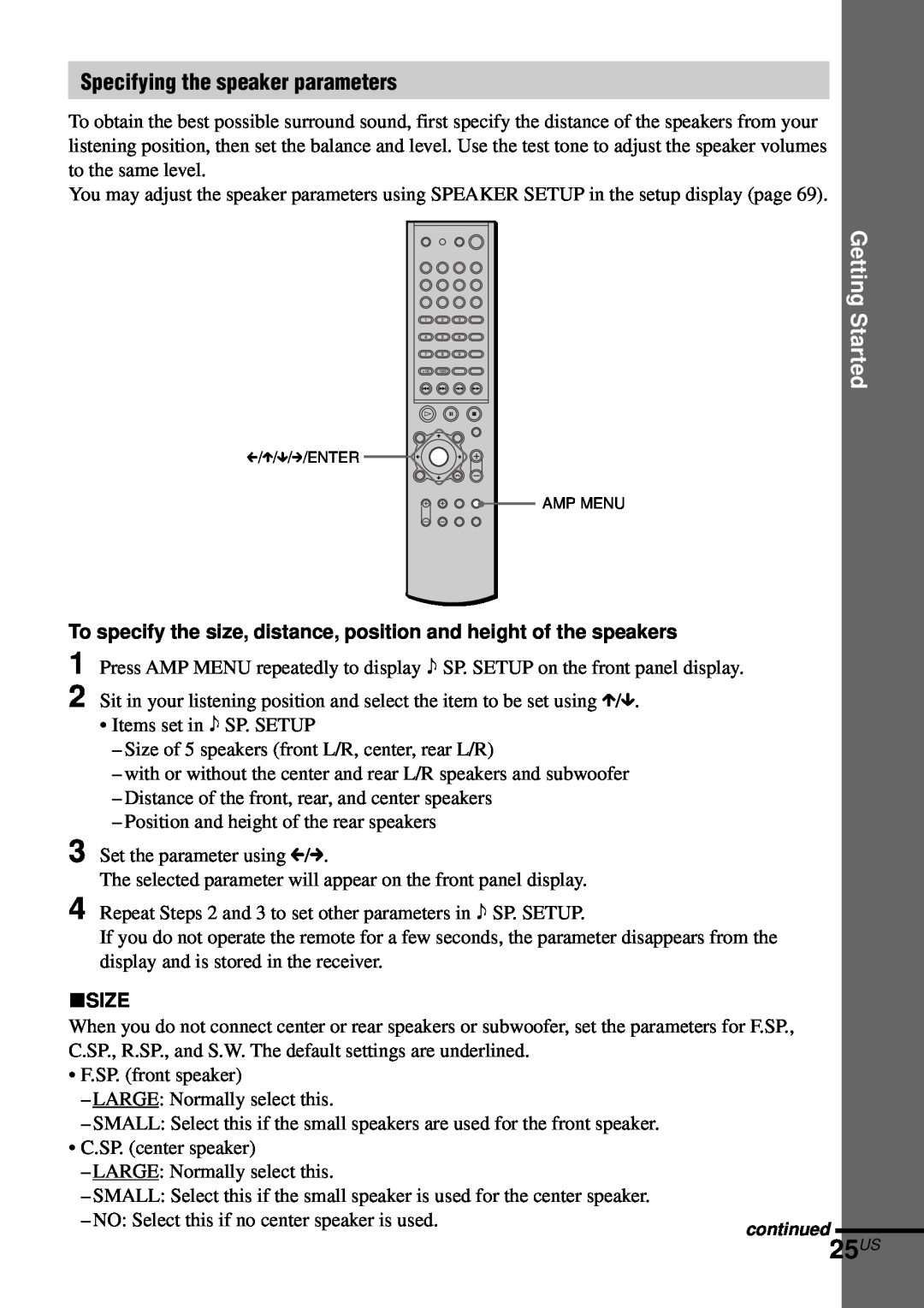 Sony AVD-S50ES operating instructions 25US, Specifying the speaker parameters, xSIZE, Getting Started 
