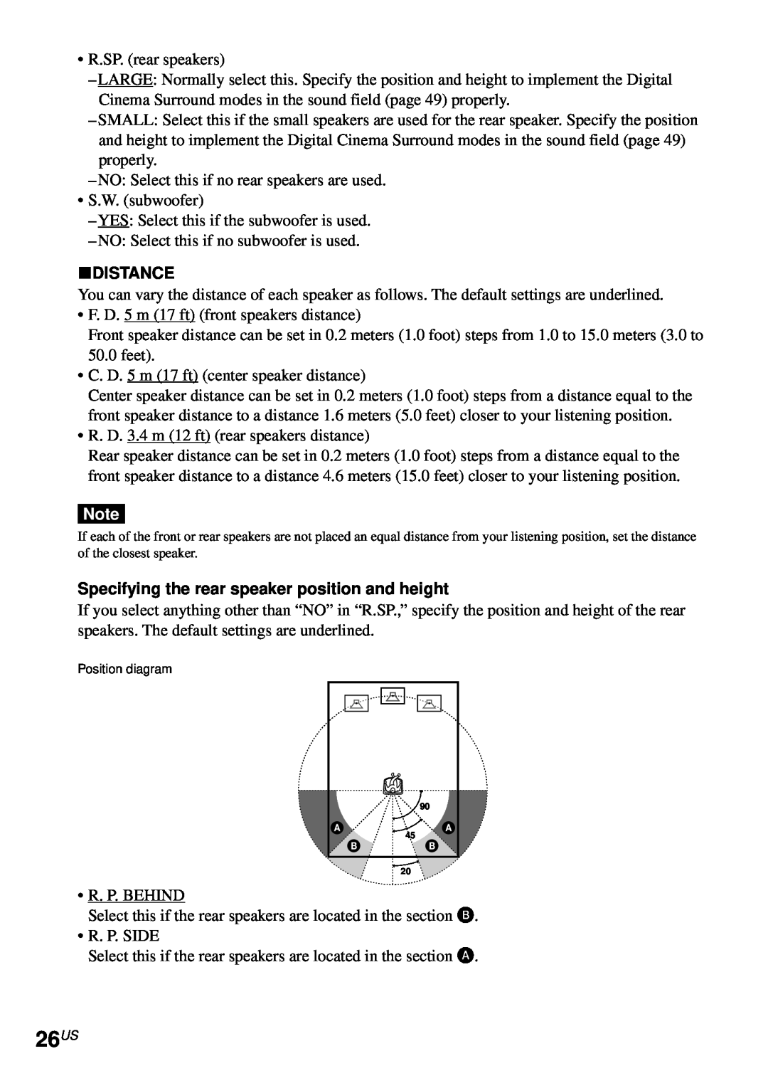 Sony AVD-S50ES operating instructions 26US, xDISTANCE, Specifying the rear speaker position and height 