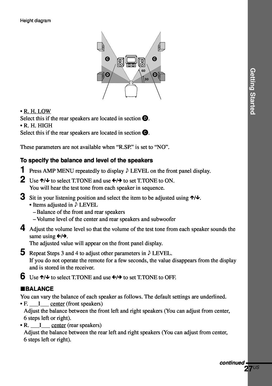 Sony AVD-S50ES operating instructions 27US, To specify the balance and level of the speakers, xBALANCE, Getting Started 