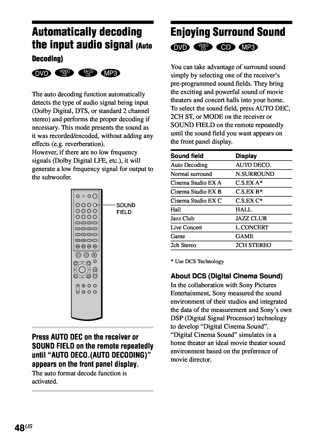 Sony AVD-S50ES operating instructions Enjoying Surround Sound, 48US, Decoding, About DCS Digital Cinema Sound 