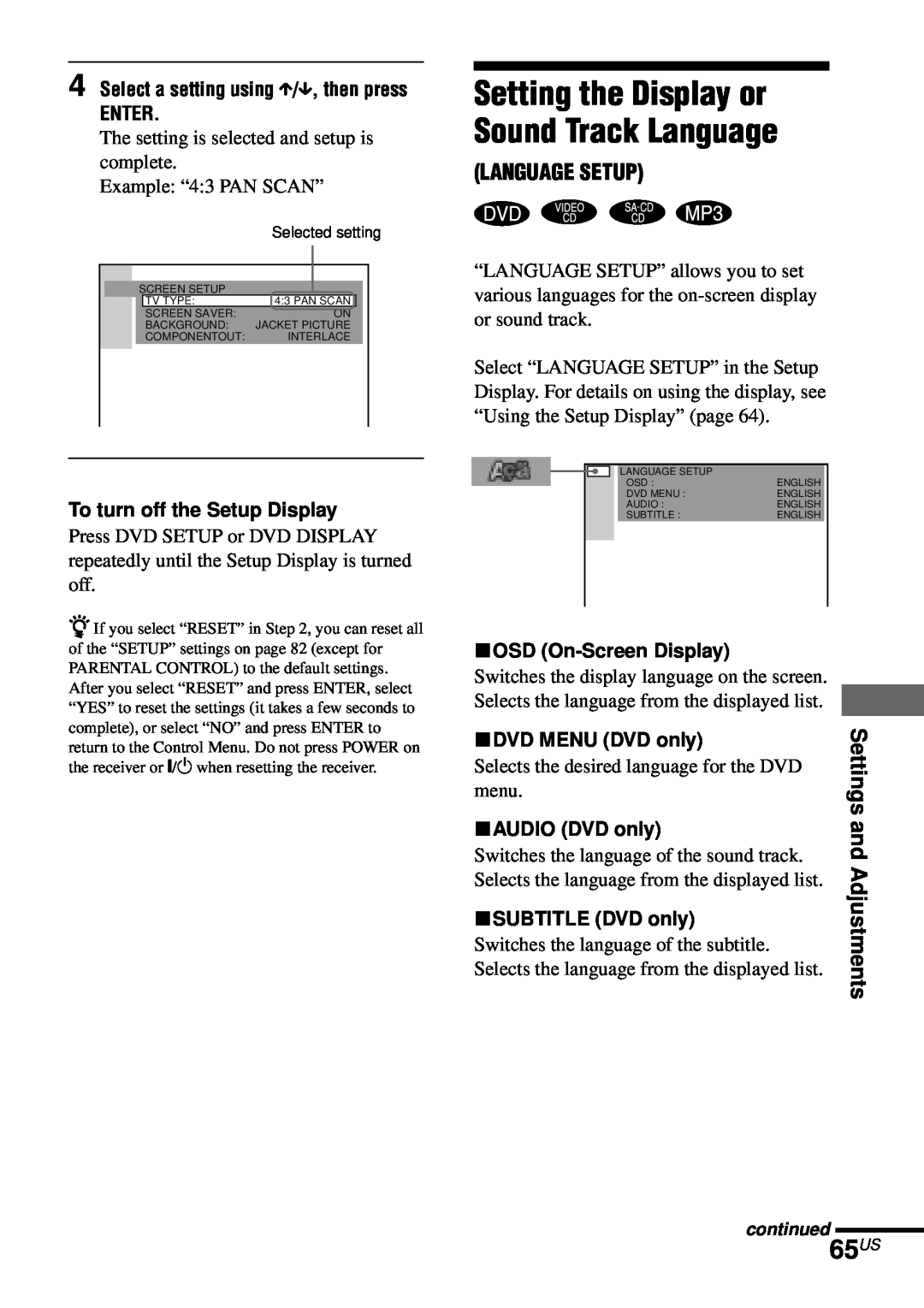 Sony AVD-S50ES Setting the Display or Sound Track Language, 65US, Language Setup, xOSD On-ScreenDisplay, xAUDIO DVD only 