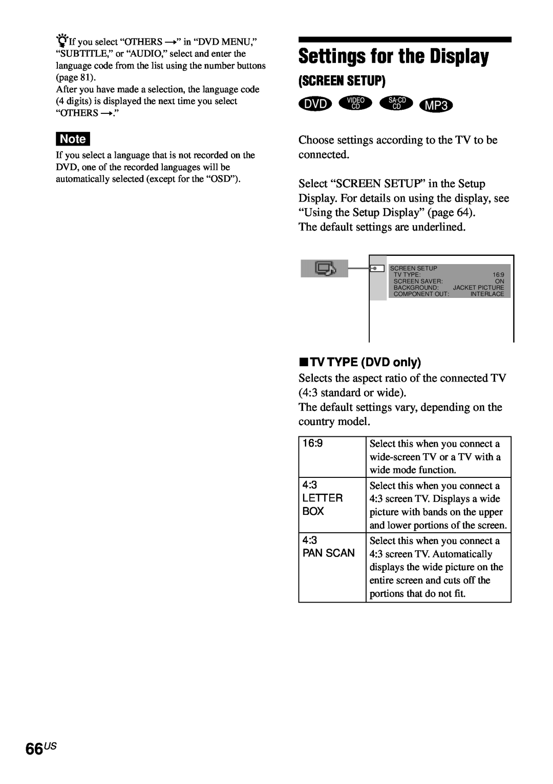 Sony AVD-S50ES operating instructions Settings for the Display, 66US, Screen Setup, xTV TYPE DVD only 