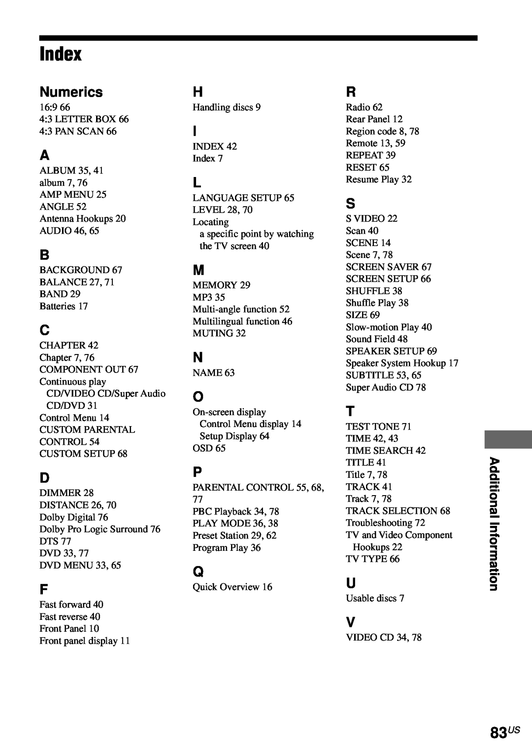 Sony AVD-S50ES operating instructions Index, 83US, Numerics 