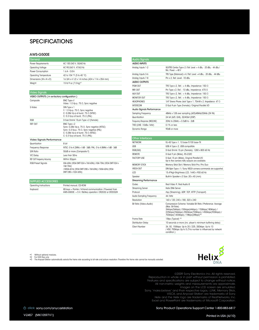 Sony AWS-G500E manual Specifications 