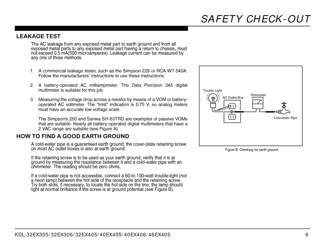 Sony AZ1-L service manual Safety CHECK-OUT, Leakage Test, HOW to Find a Good Earth Ground 