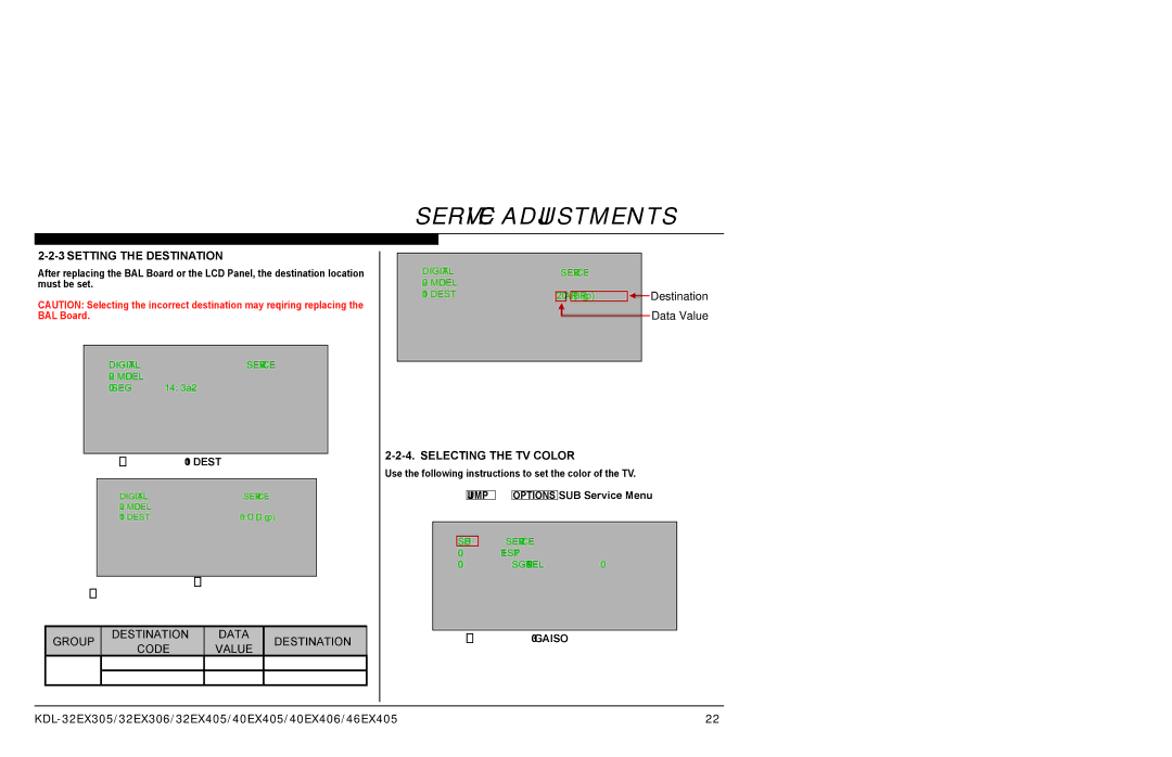 Sony AZ1-L service manual Setting the Destination, Selecting the TV Color 