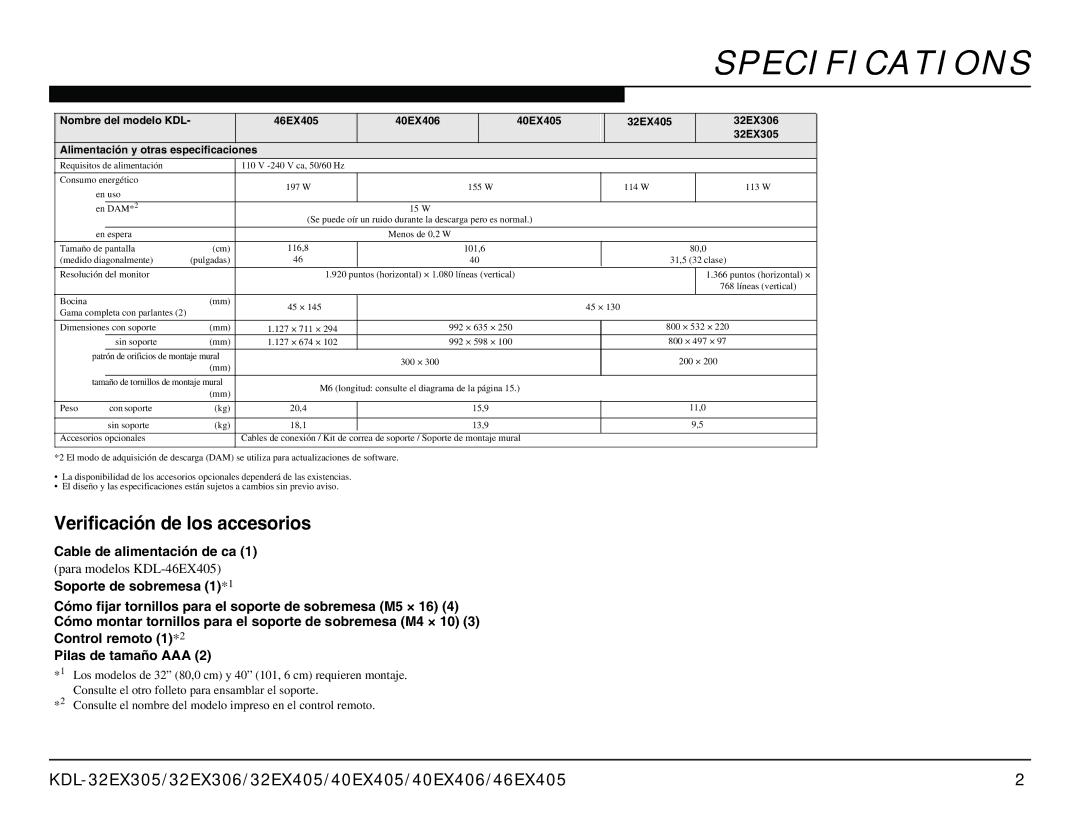 Sony AZ1-L service manual Specifications, Alimentación y otras especificaciones 