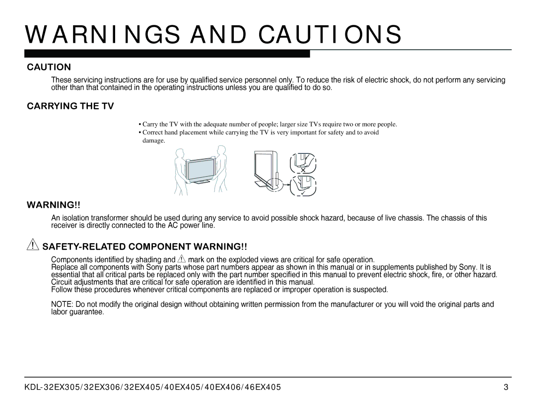 Sony AZ1-L service manual Carrying the TV, SAFETY-RELATED Component Warning 