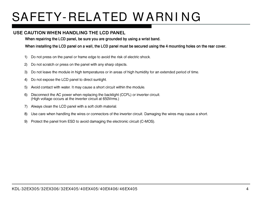 Sony AZ1-L service manual SAFETY-RELATED Warning, USE Caution When Handling the LCD Panel 