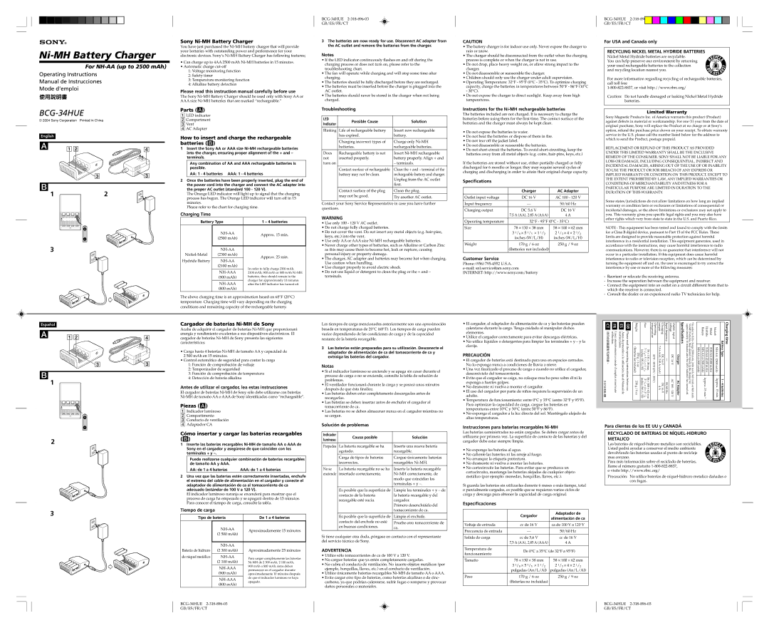 Sony BCG-34HUE operating instructions Sony Ni-MH Battery Charger, Parts a, Cargador de baterías Ni-MH de Sony, Piezas a 