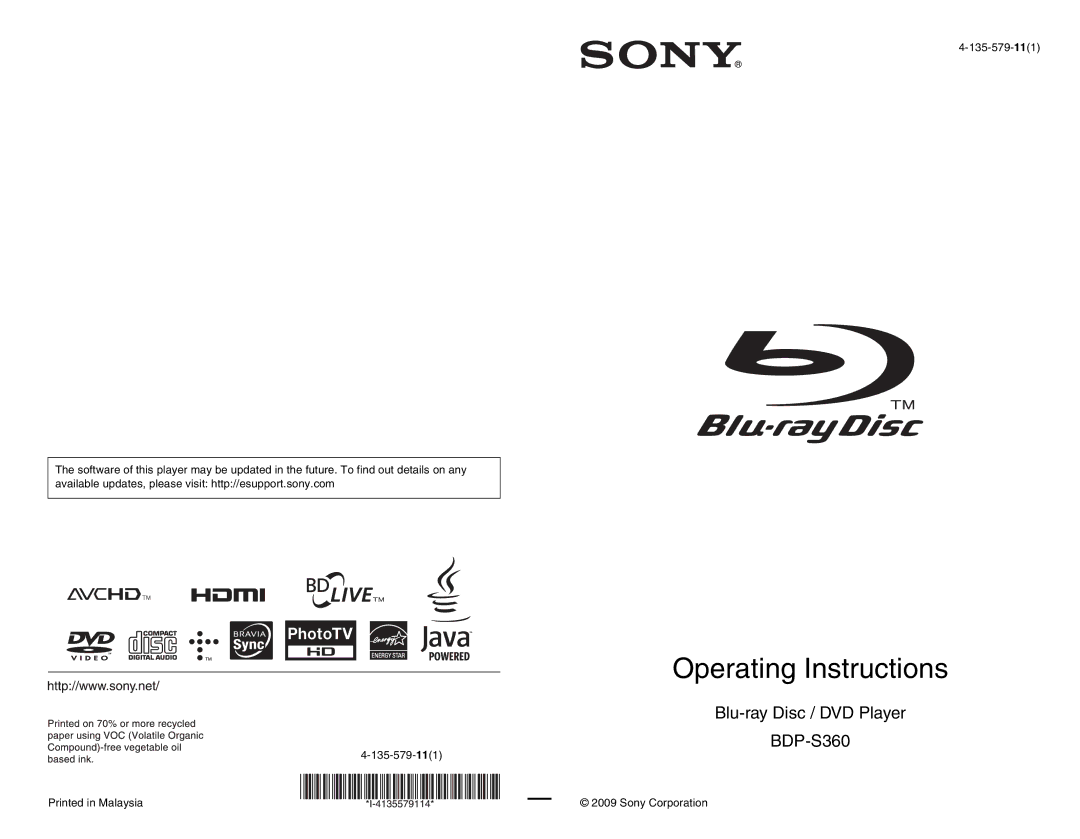 Sony BDP-S360 operating instructions Operating Instructions, Sony Corporation 