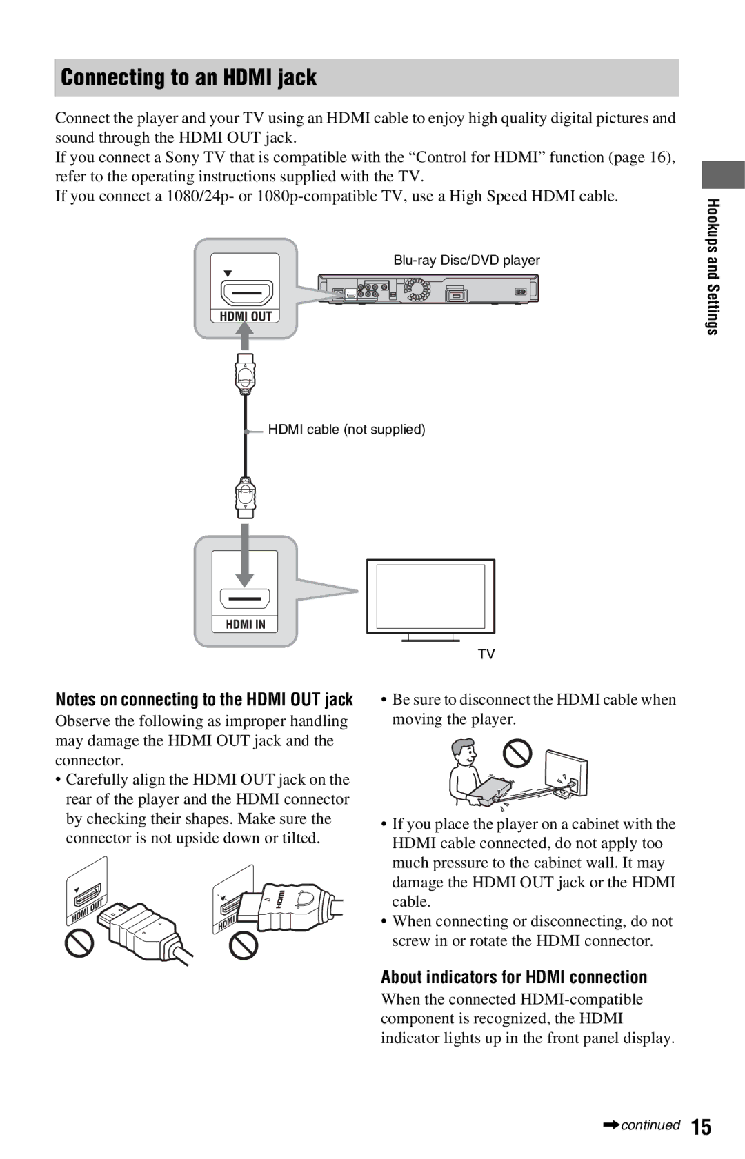 Sony BDP-S360 operating instructions Connecting to an Hdmi jack, About indicators for Hdmi connection 