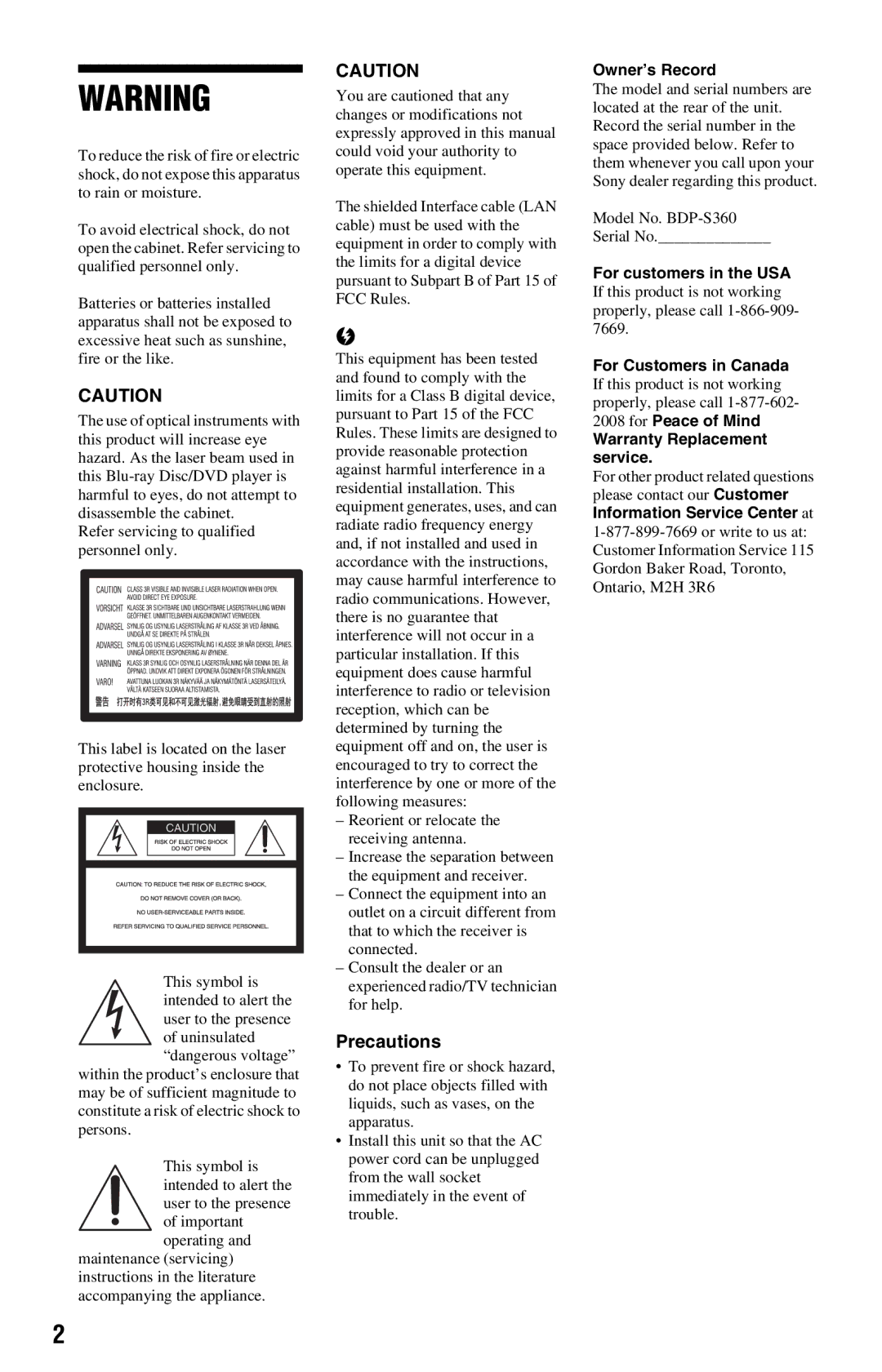 Sony BDP-S360 operating instructions Precautions, Owner’s Record 