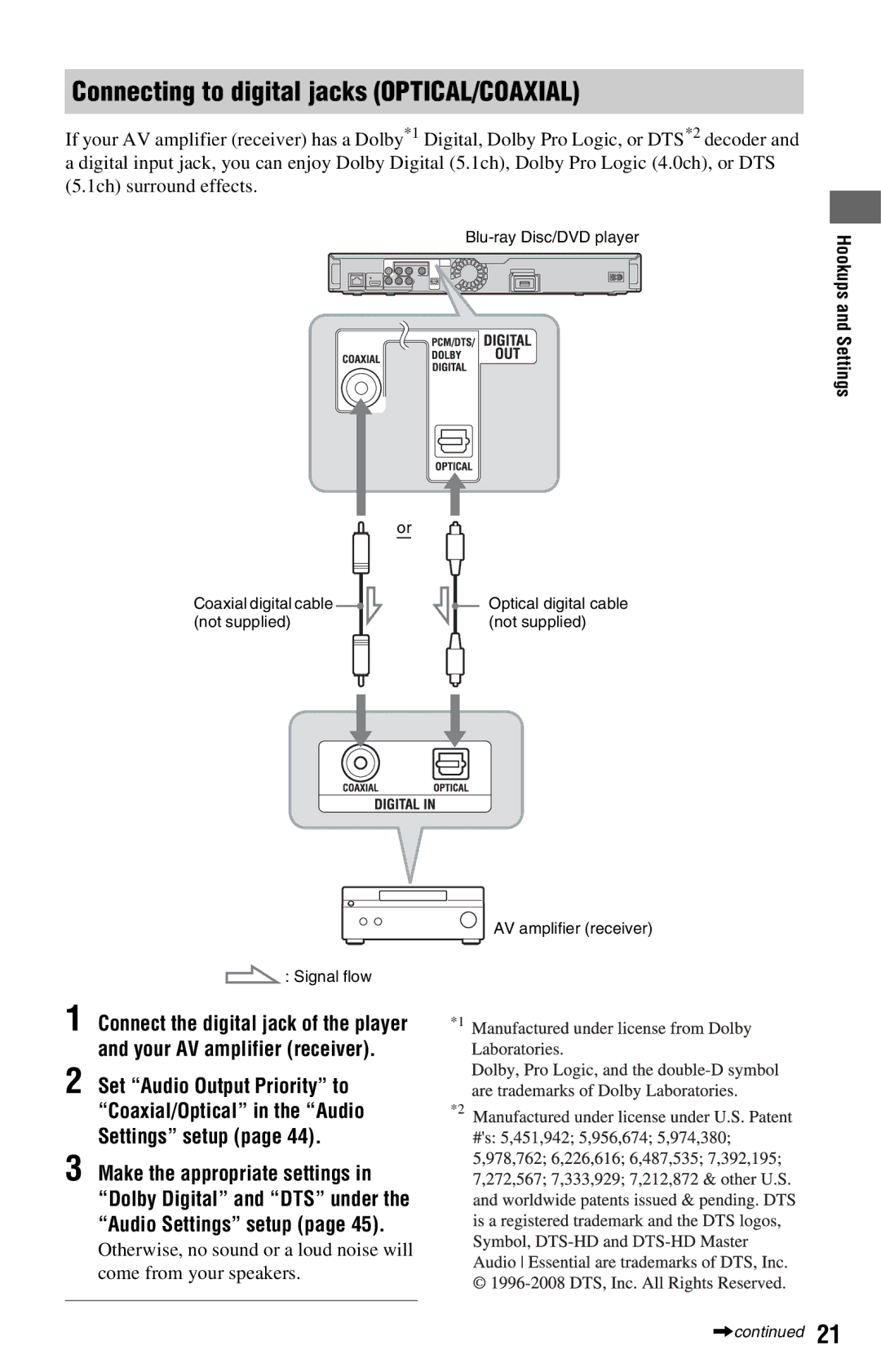 Sony BDP-S360 operating instructions Connecting to digital jacks OPTICAL/COAXIAL, Settings 