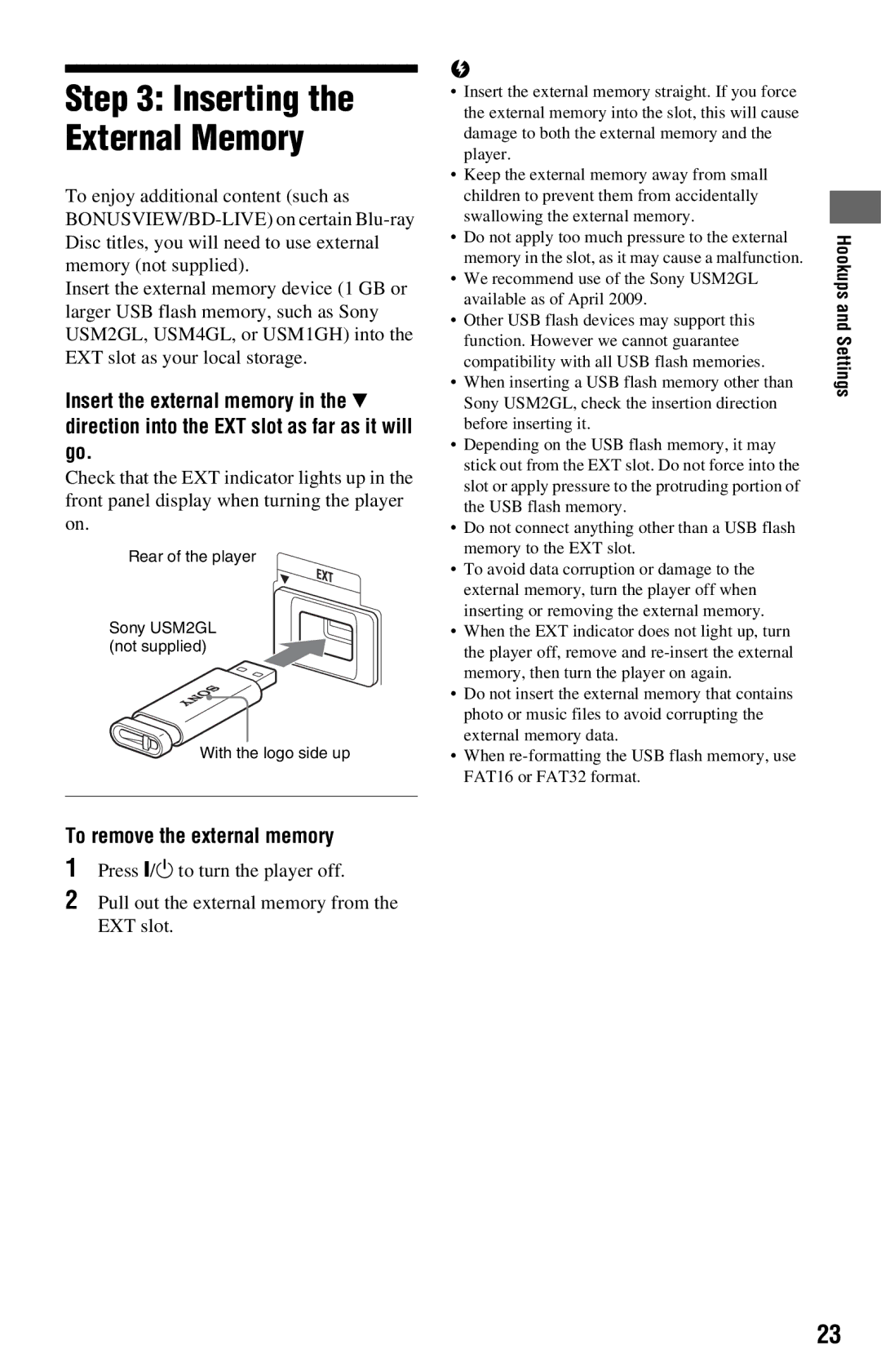 Sony BDP-S360 operating instructions Inserting the External Memory, To remove the external memory 