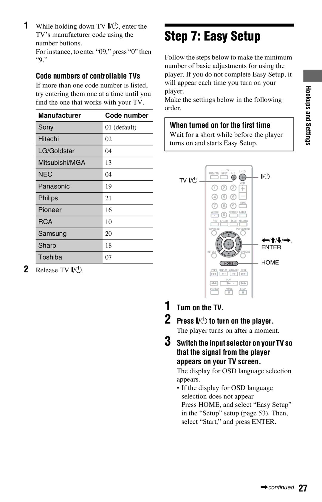 Sony BDP-S360 Easy Setup, Code numbers of controllable TVs, When turned on for the first time, Manufacturer Code number 