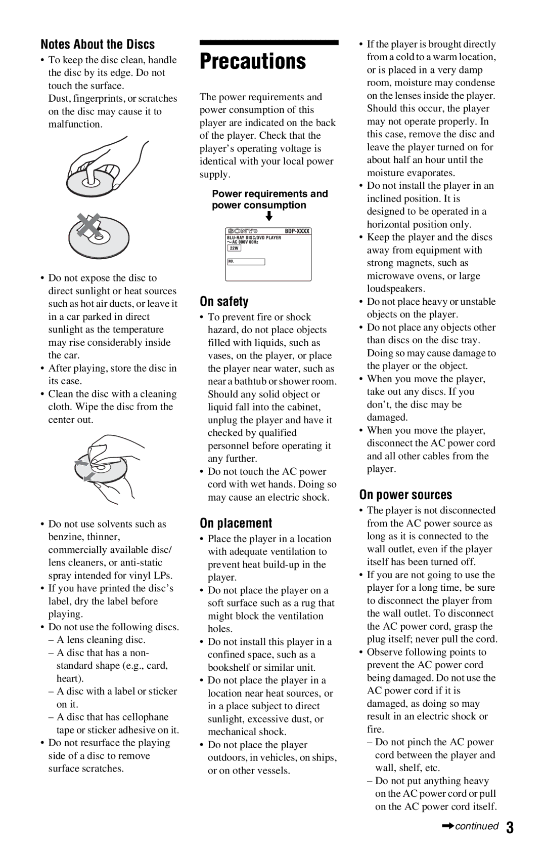 Sony BDP-S360 operating instructions Precautions, On safety, On placement, On power sources 