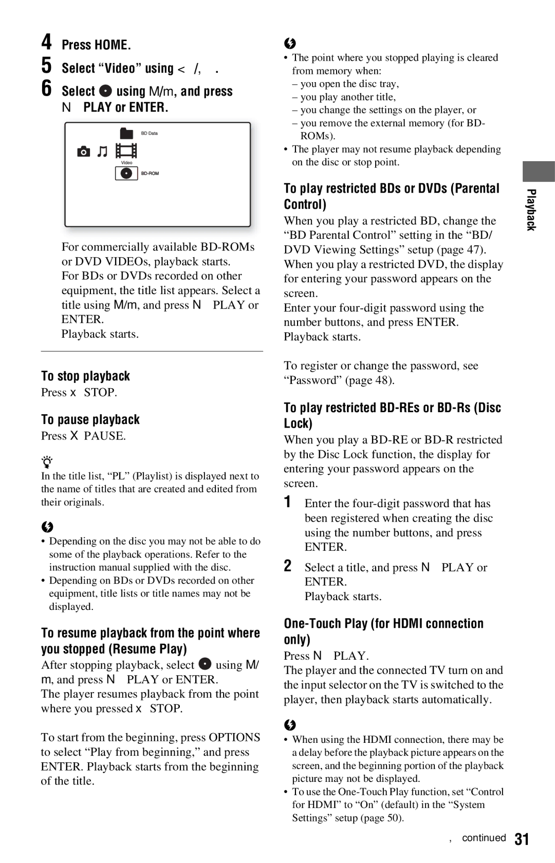 Sony BDP-S360 To stop playback, To pause playback, Control, Lock, One-Touch Play for Hdmi connection only 