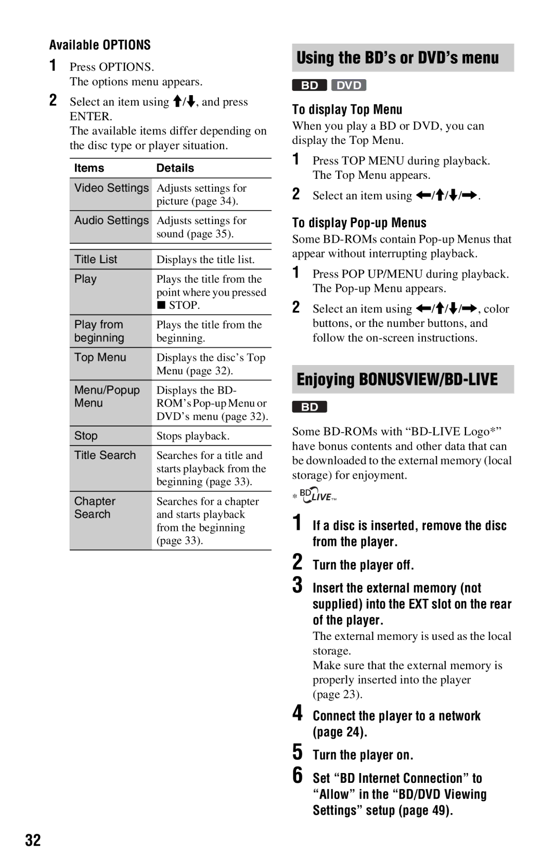 Sony BDP-S360 operating instructions Using the BD’s or DVD’s menu, Enjoying BONUSVIEW/BD-LIVE 