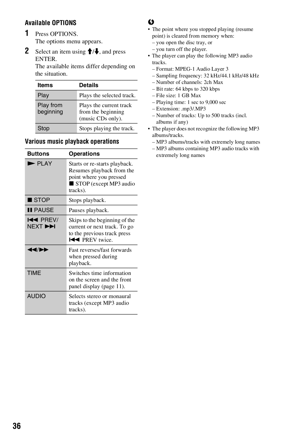 Sony BDP-S360 operating instructions Various music playback operations 