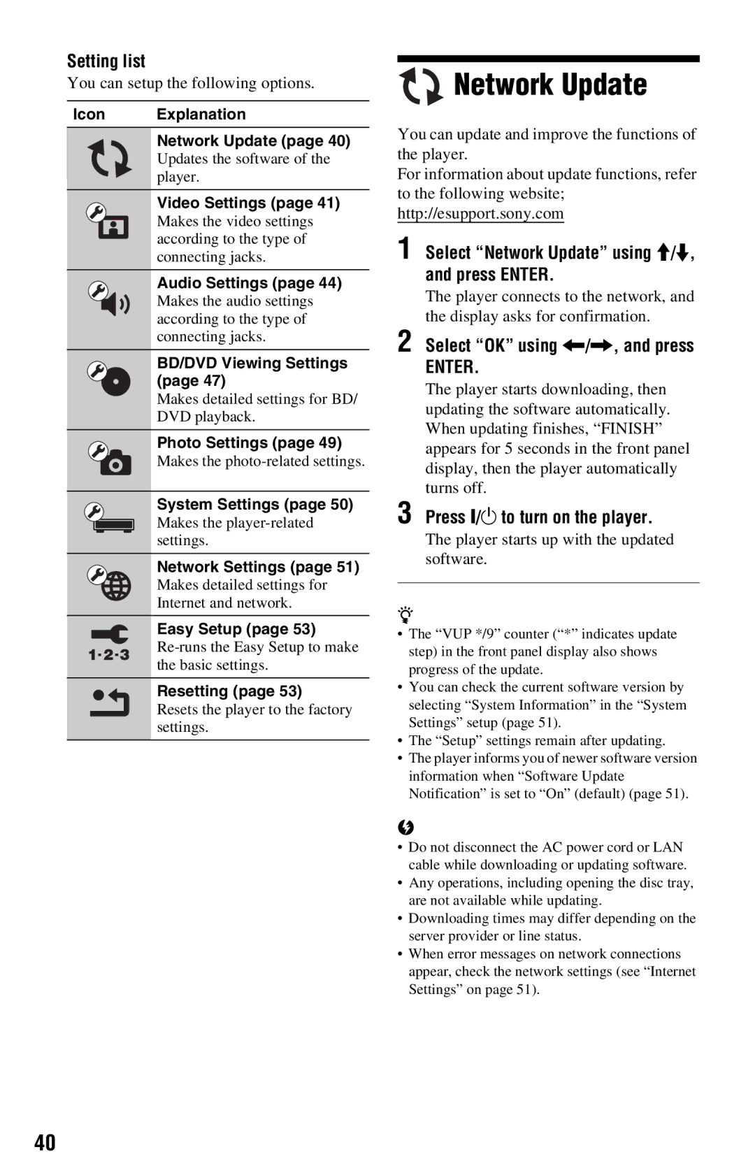 Sony BDP-S360 Setting list, Select Network Update using M/m, and press Enter, Select OK using /,, and press 