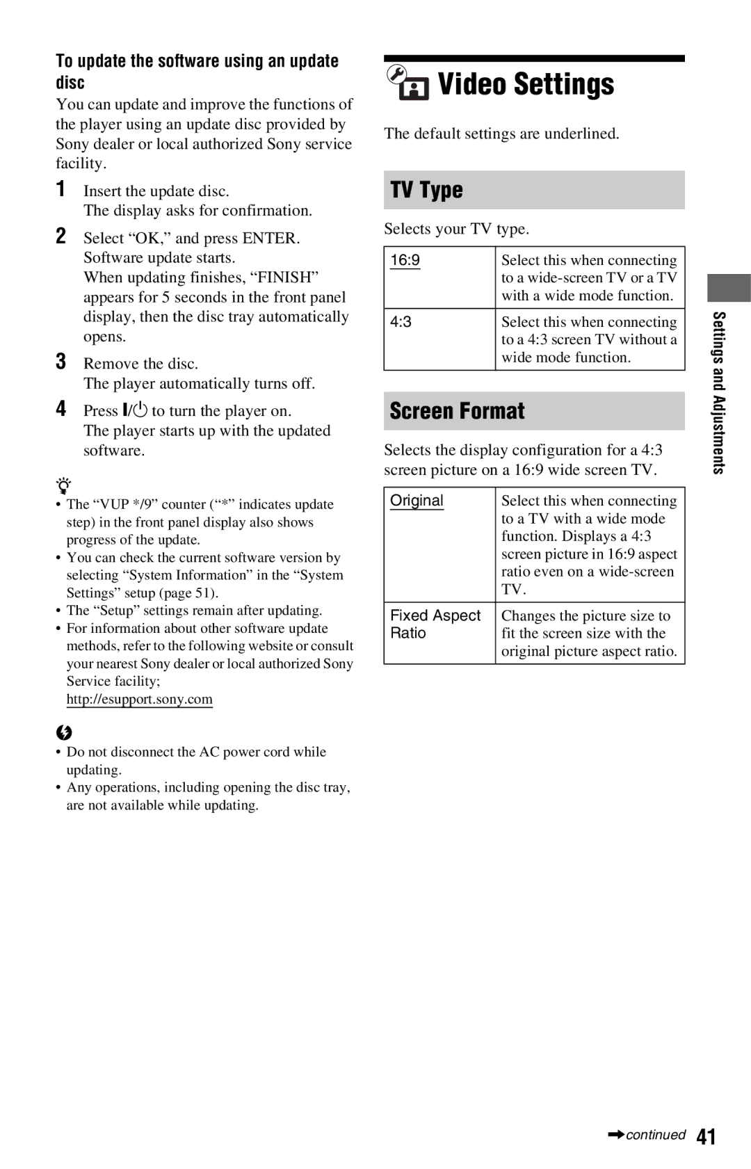 Sony BDP-S360 operating instructions Video Settings, TV Type, Screen Format, To update the software using an update disc 