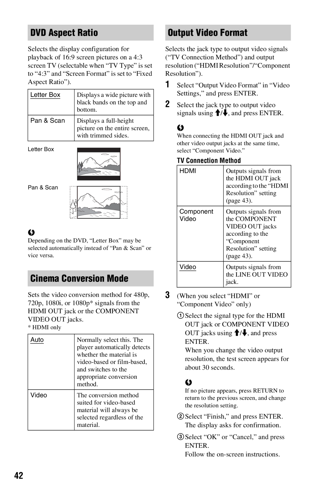 Sony BDP-S360 operating instructions DVD Aspect Ratio Output Video Format, Cinema Conversion Mode, TV Connection Method 