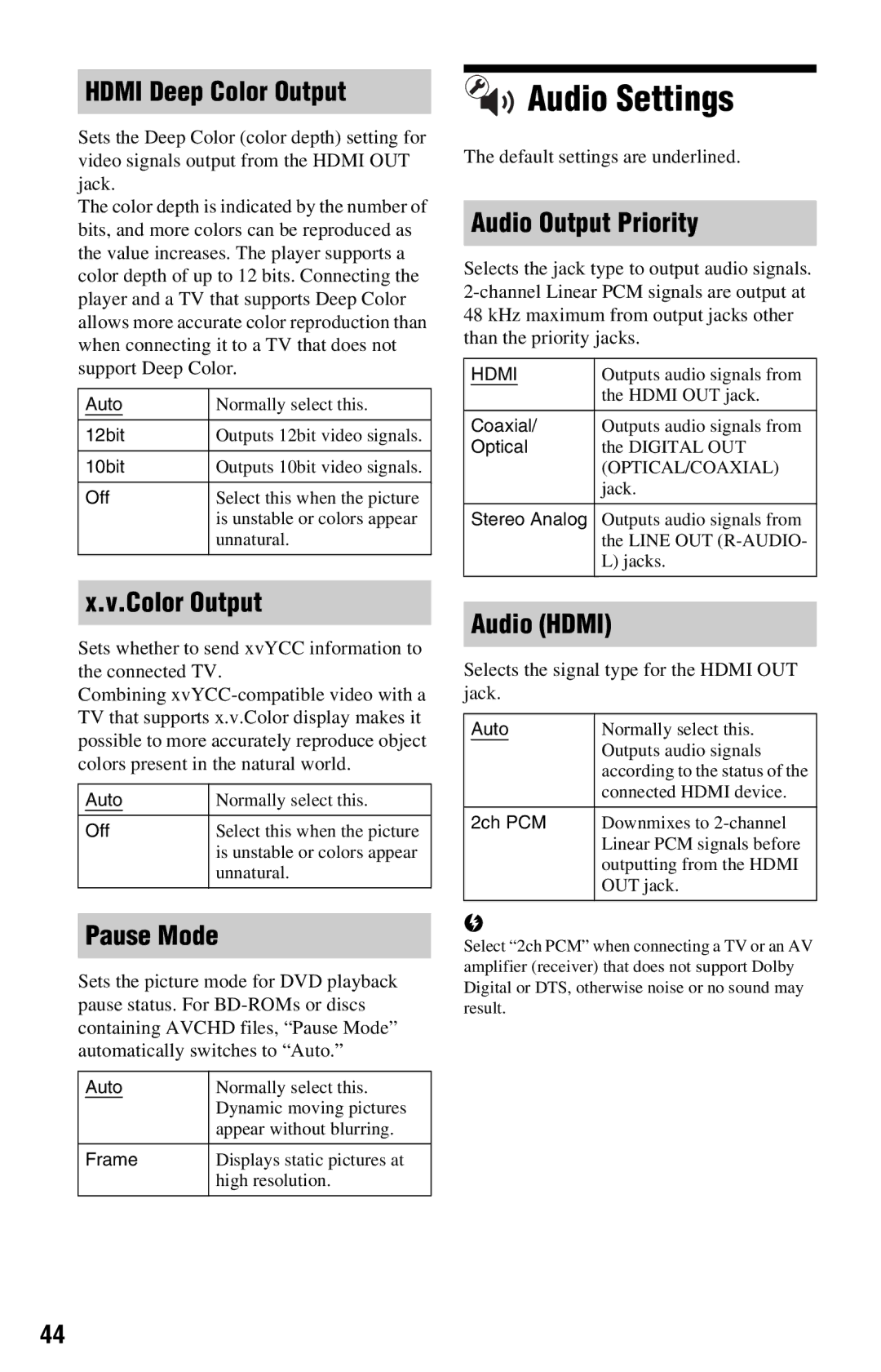 Sony BDP-S360 operating instructions Audio Settings 