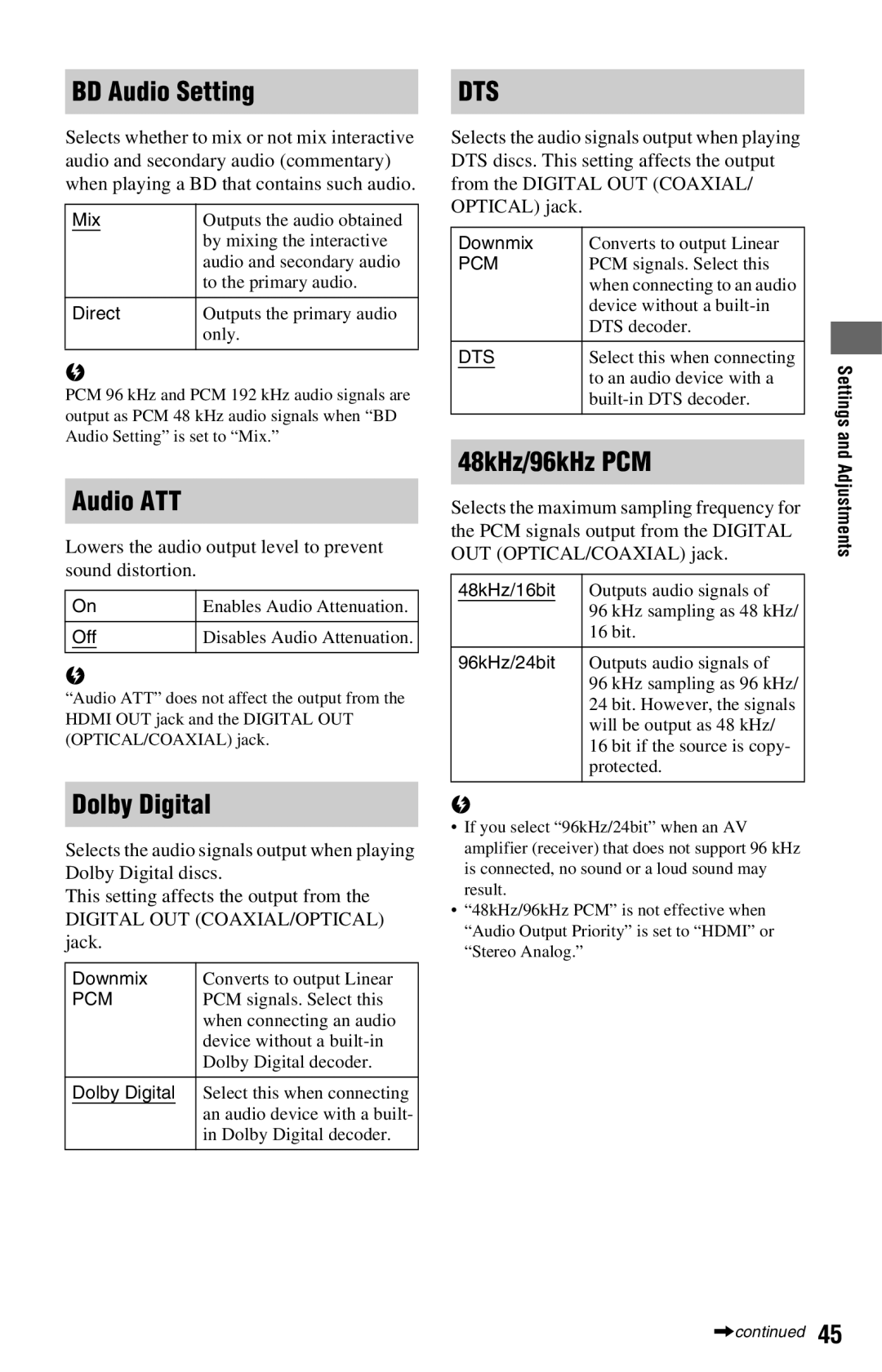 Sony BDP-S360 operating instructions BD Audio Setting, Audio ATT, Dolby Digital, 48kHz/96kHz PCM 