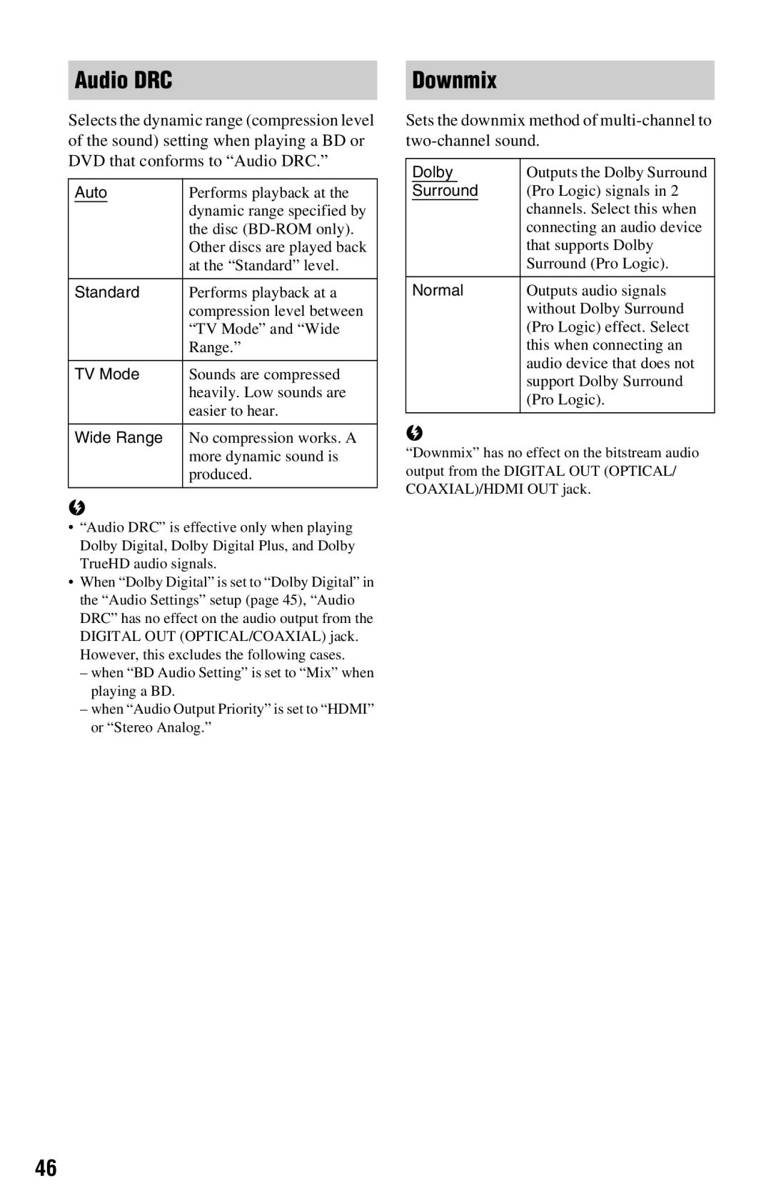 Sony BDP-S360 operating instructions Audio DRC, Downmix 