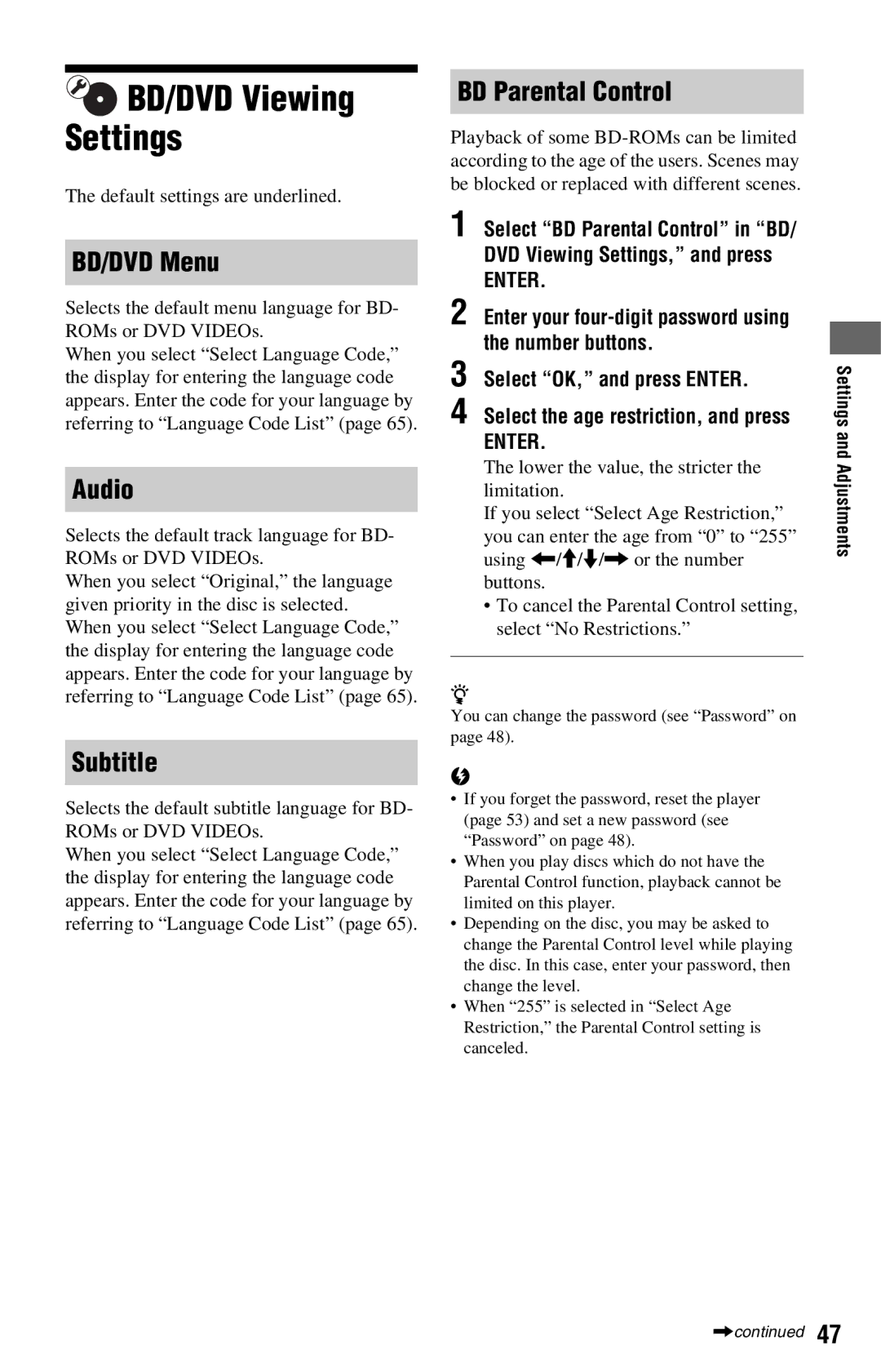 Sony BDP-S360 operating instructions BD/DVD Viewing Settings, BD/DVD Menu, Audio, Subtitle, BD Parental Control 