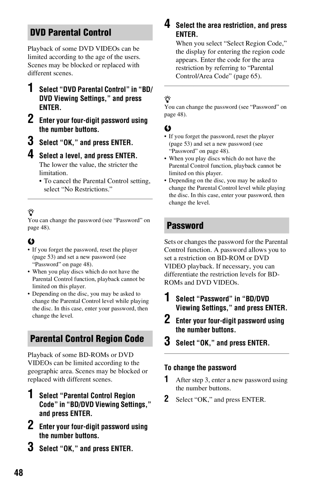 Sony BDP-S360 operating instructions DVD Parental Control, Parental Control Region Code, Password 