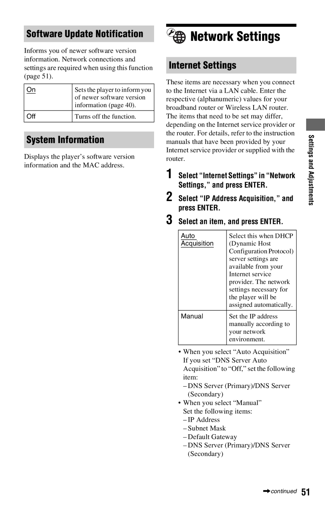 Sony BDP-S360 operating instructions Network Settings, Software Update Notification, System Information, Internet Settings 