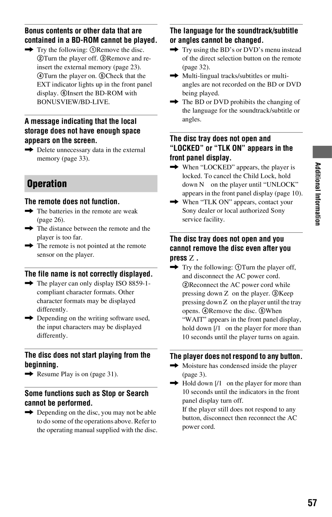 Sony BDP-S360 operating instructions Operation, Remote does not function, Disc does not start playing from the beginning 