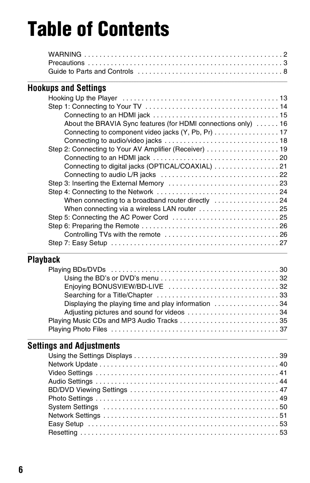 Sony BDP-S360 operating instructions Table of Contents 