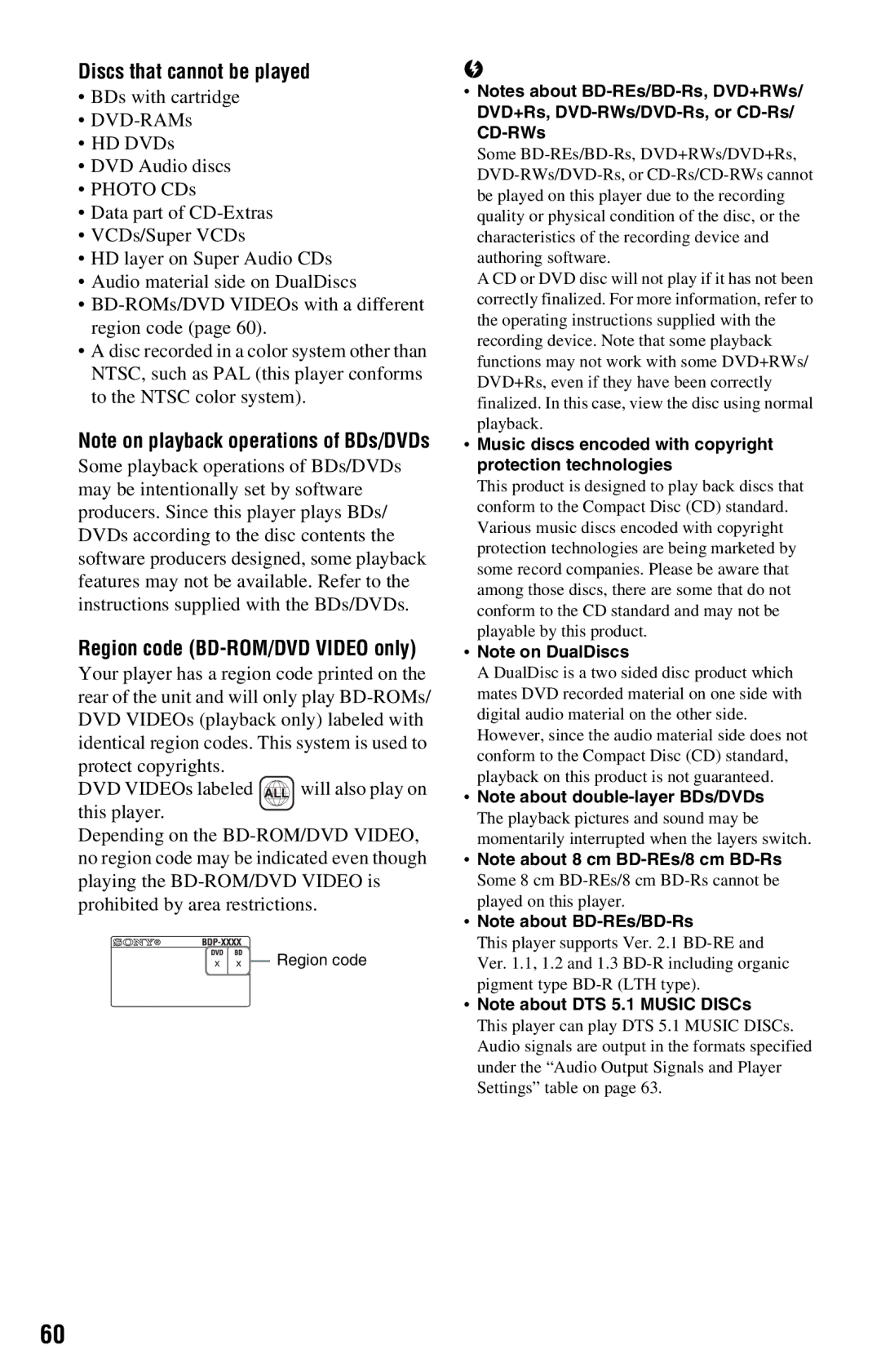 Sony BDP-S360 operating instructions Discs that cannot be played, Region code BD-ROM/DVD Video only 