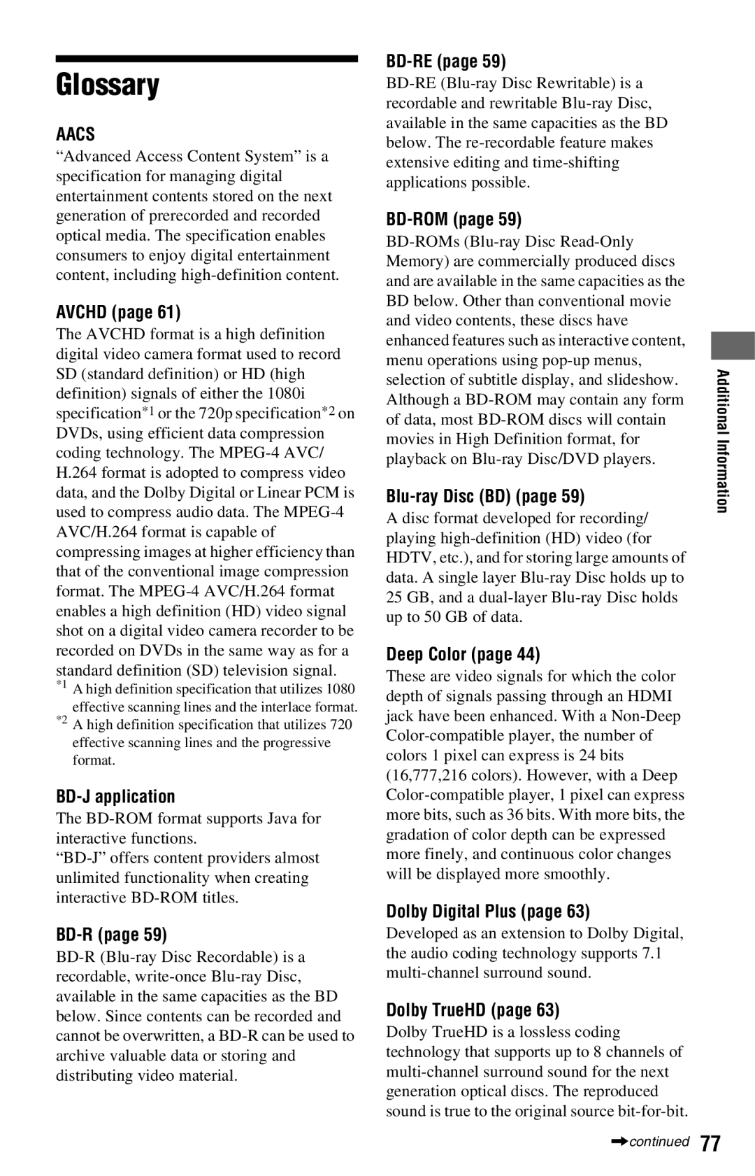 Sony BDP-S360 operating instructions Glossary 