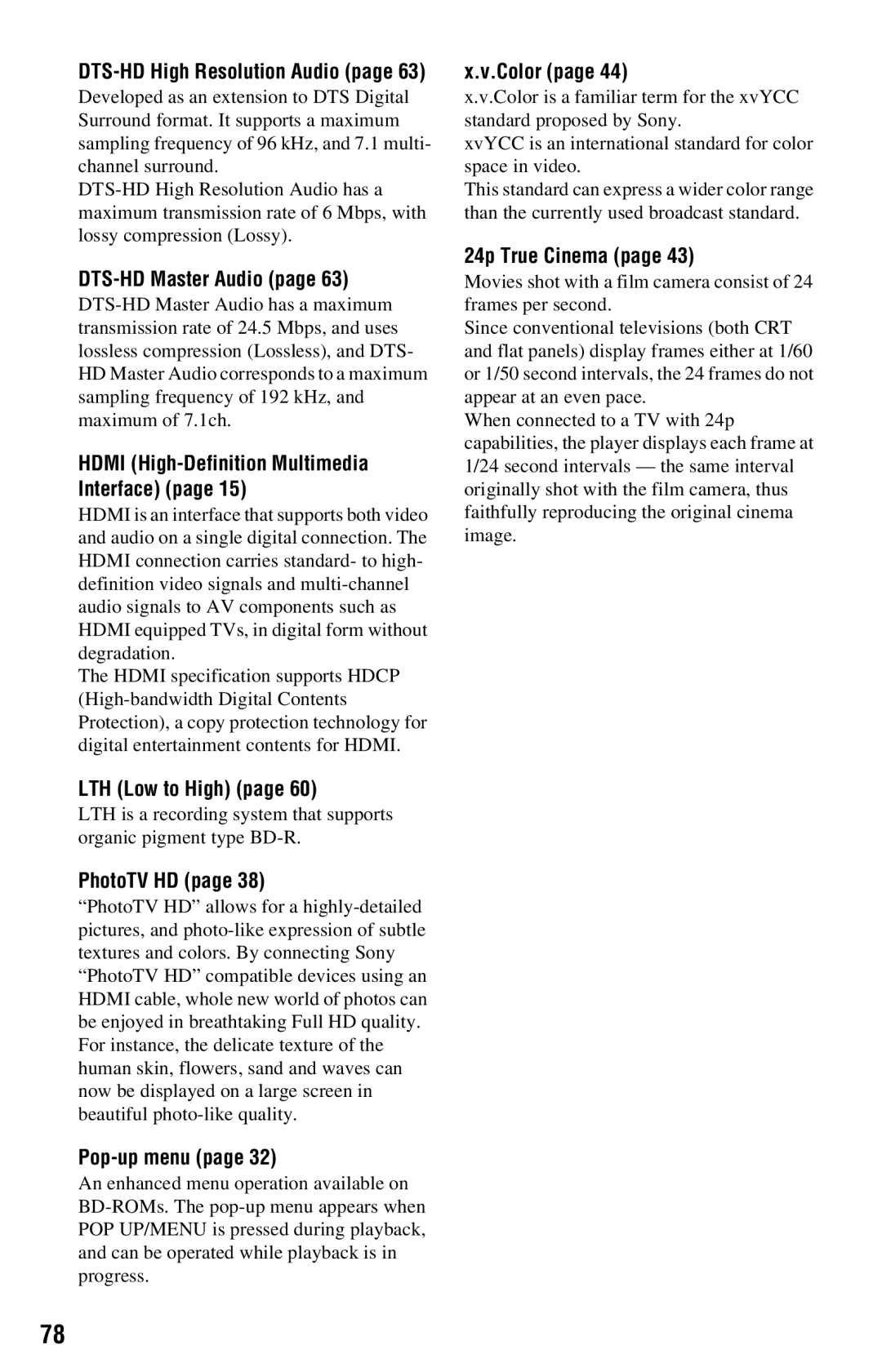 Sony BDP-S360 operating instructions DTS-HD Master Audio, LTH Low to High, PhotoTV HD, Pop-up menu, Color, 24p True Cinema 