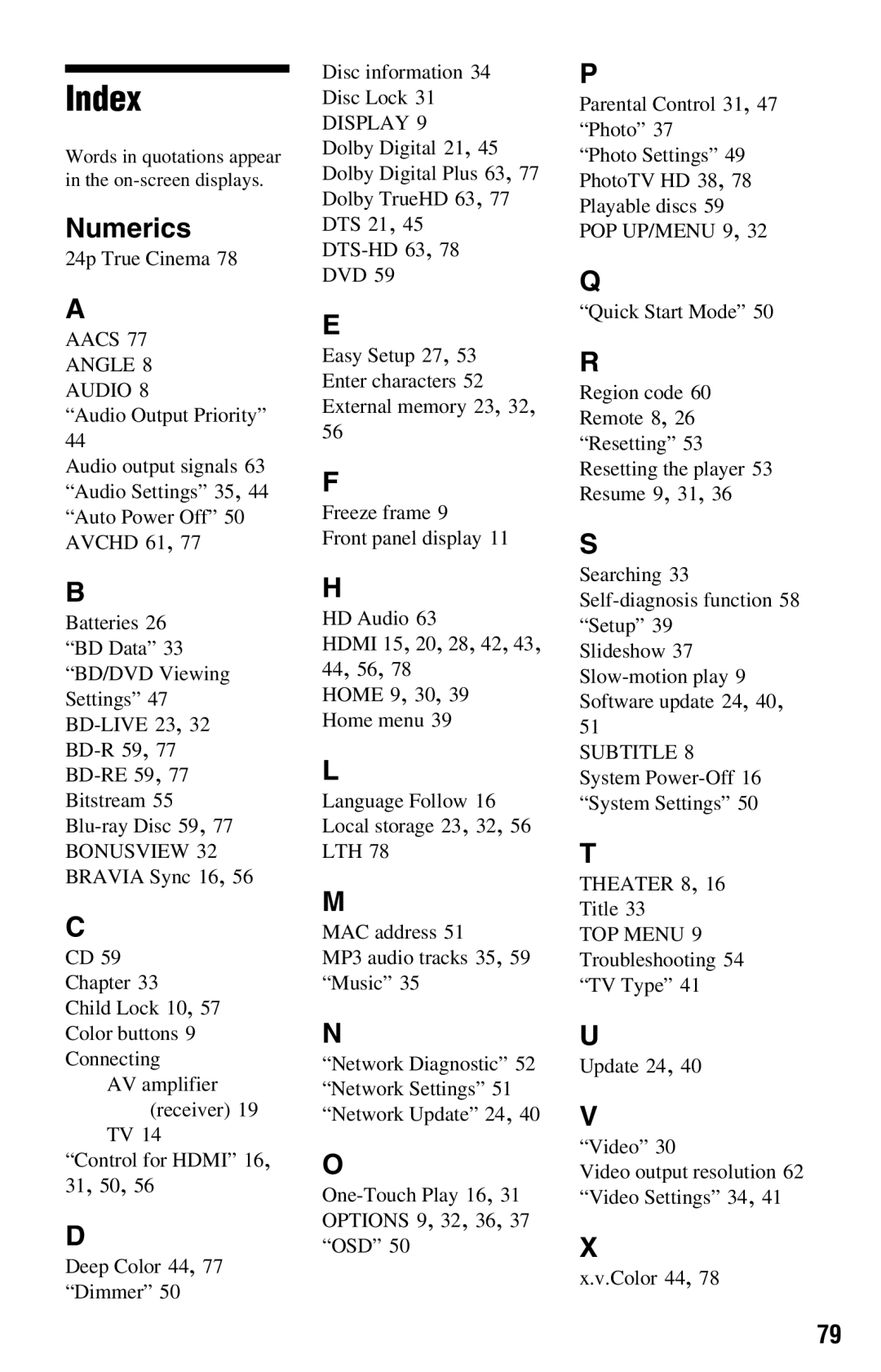 Sony BDP-S360 operating instructions Index, Numerics 