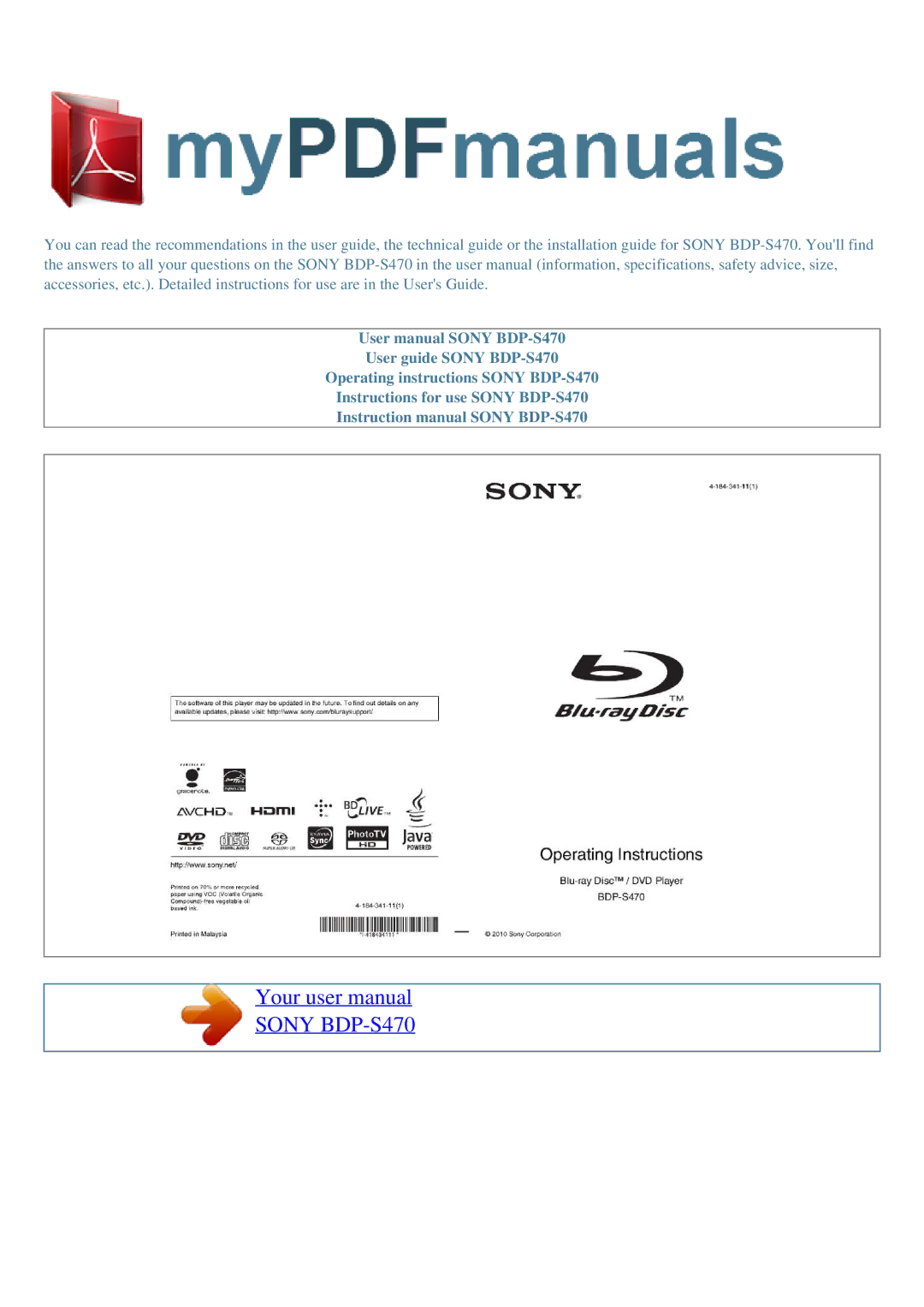 Sony user manual Sony BDP-S470 