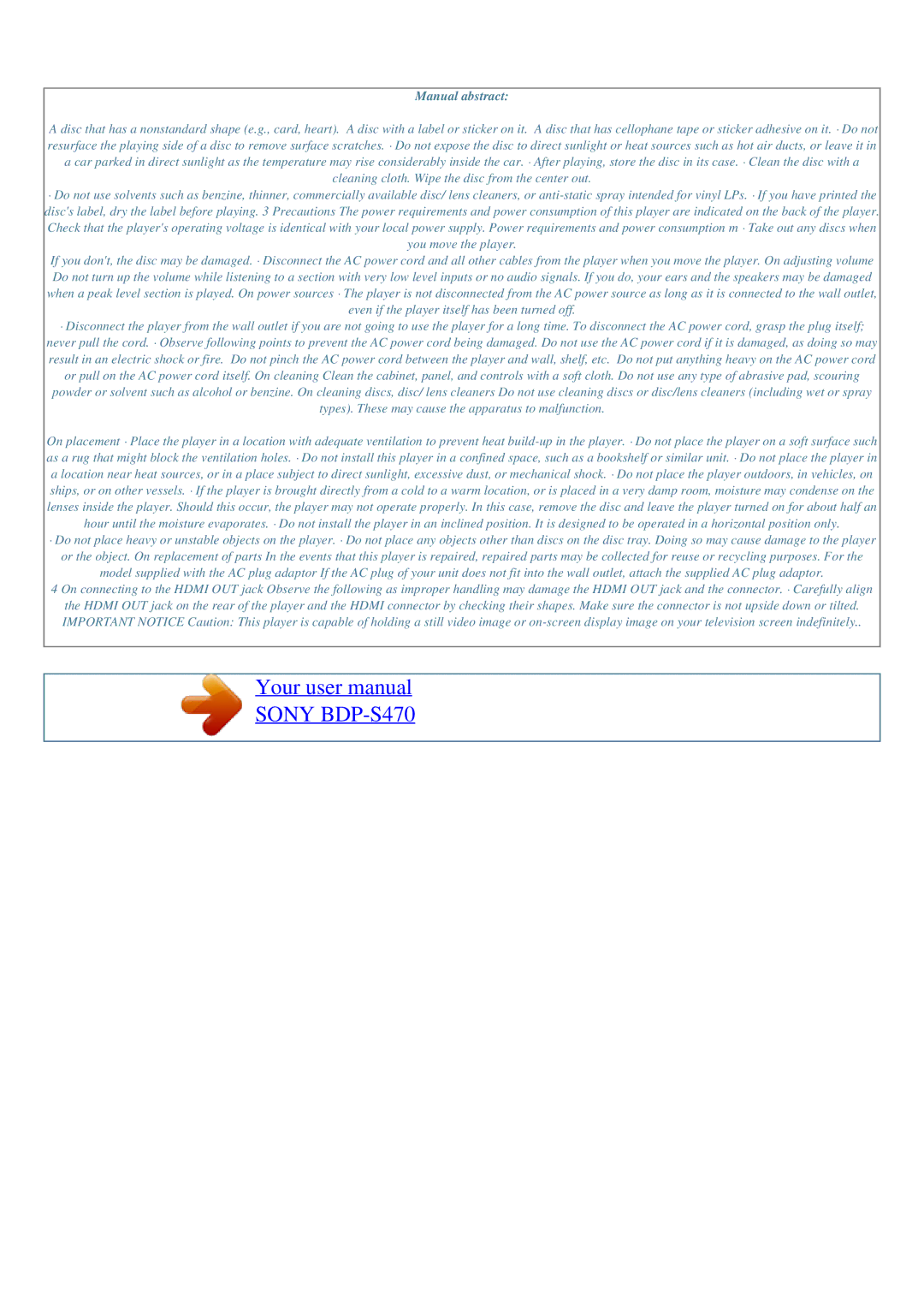 Sony BDP-S470 user manual Manual abstract, Types. These may cause the apparatus to malfunction 