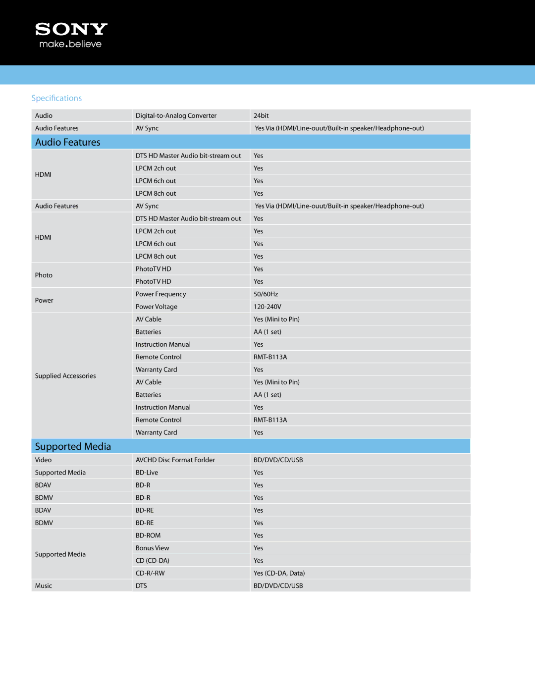 Sony BDP-SX1000 manual Audio Features, Supported Media, Specifications 