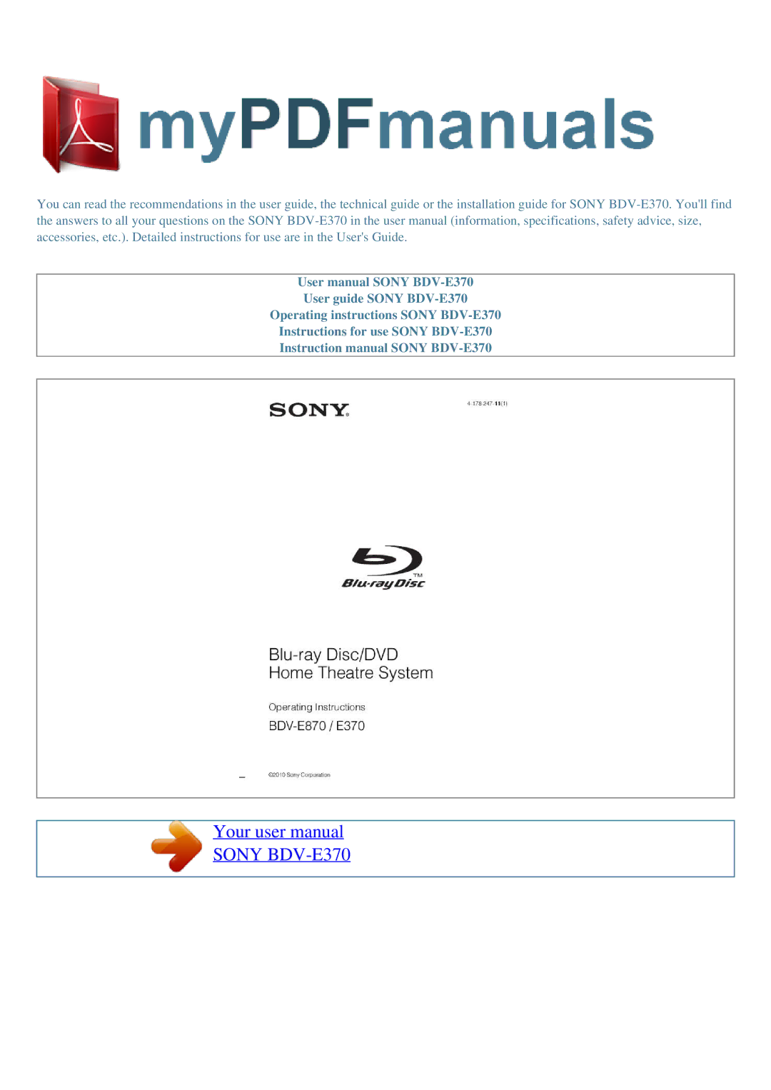 Sony user manual Sony BDV-E370 