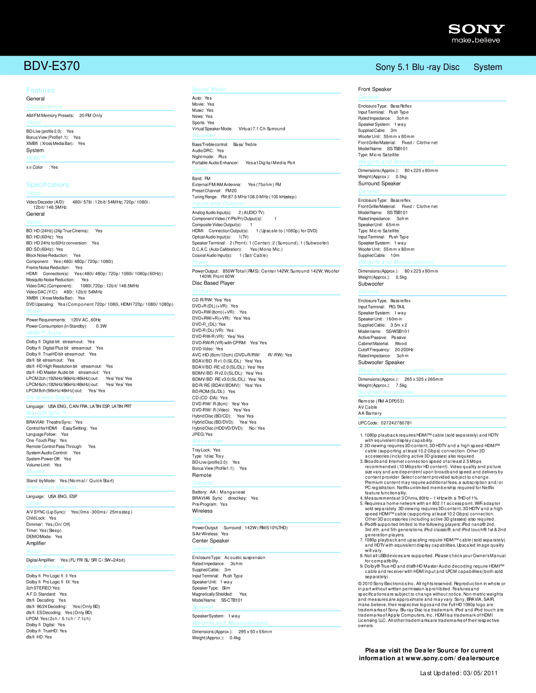 Sony BDV-E370 quick start Features, Specifications 