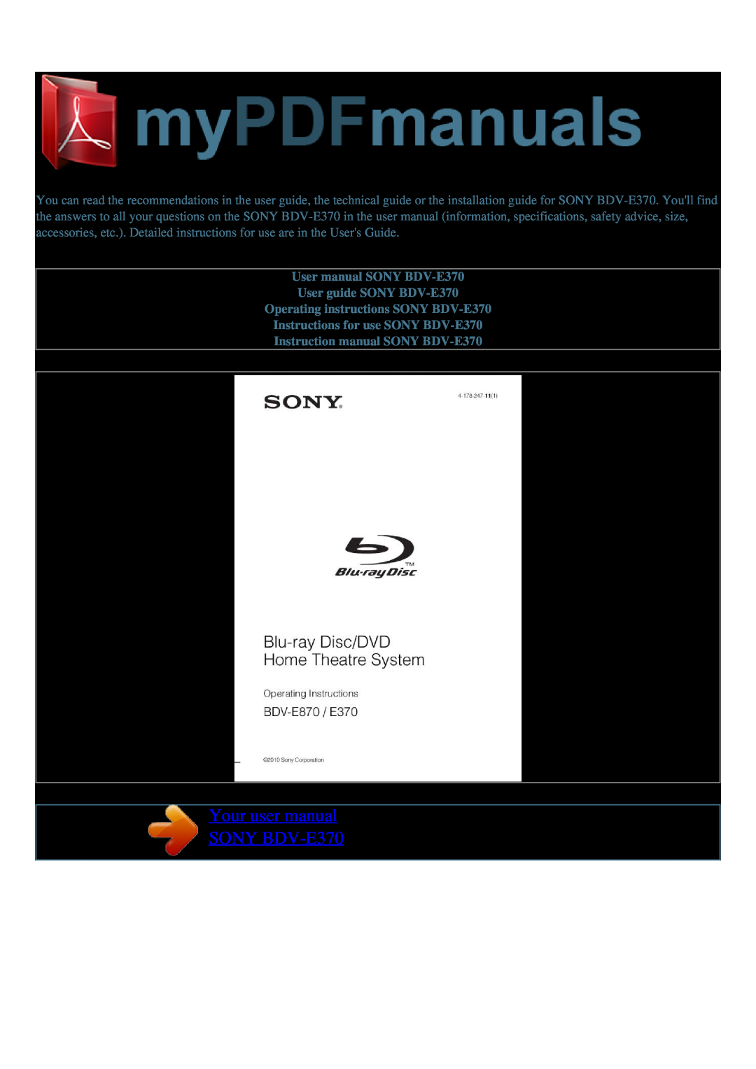 Sony BDV-E370 quick start Sony 5.1 Blu-rayDisc System, 850W watt 5.1 channel surround sound 142Wx5+140W4, Key Features 