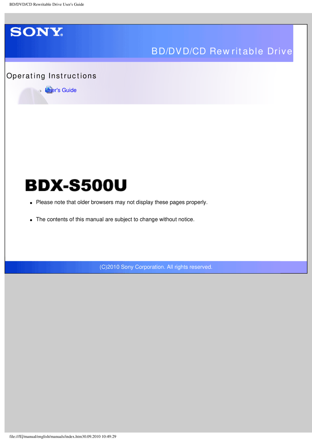 Sony BDX-S500U operating instructions BD/DVD/CD Rewritable Drive 