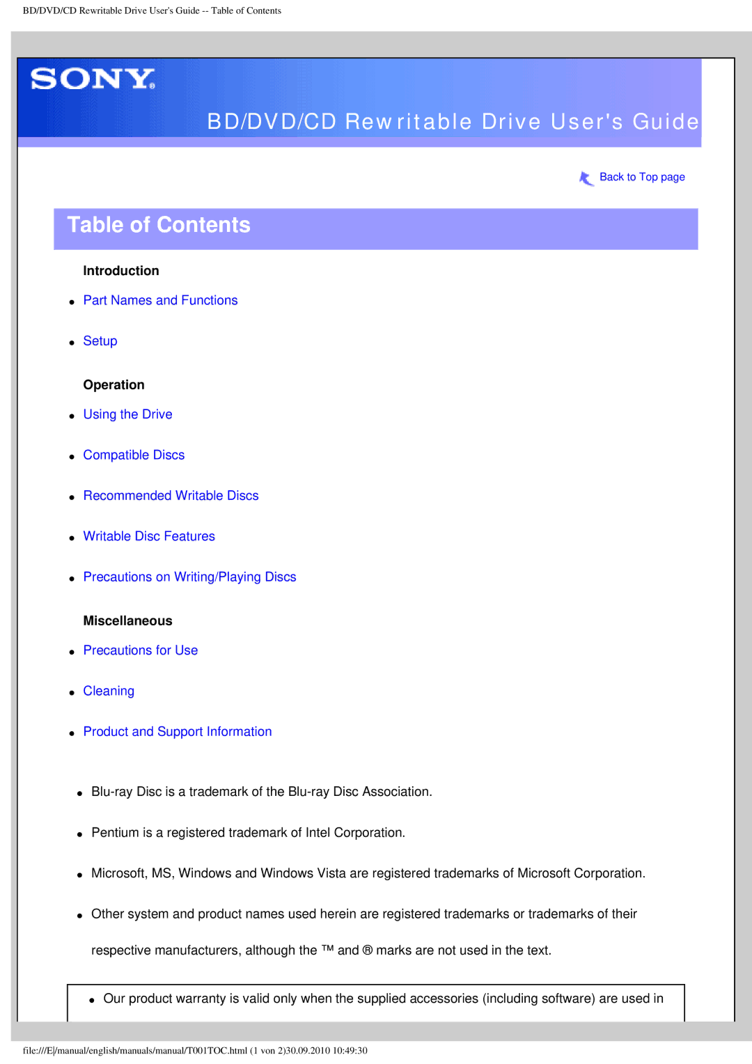 Sony BDX-S500U operating instructions Table of Contents 