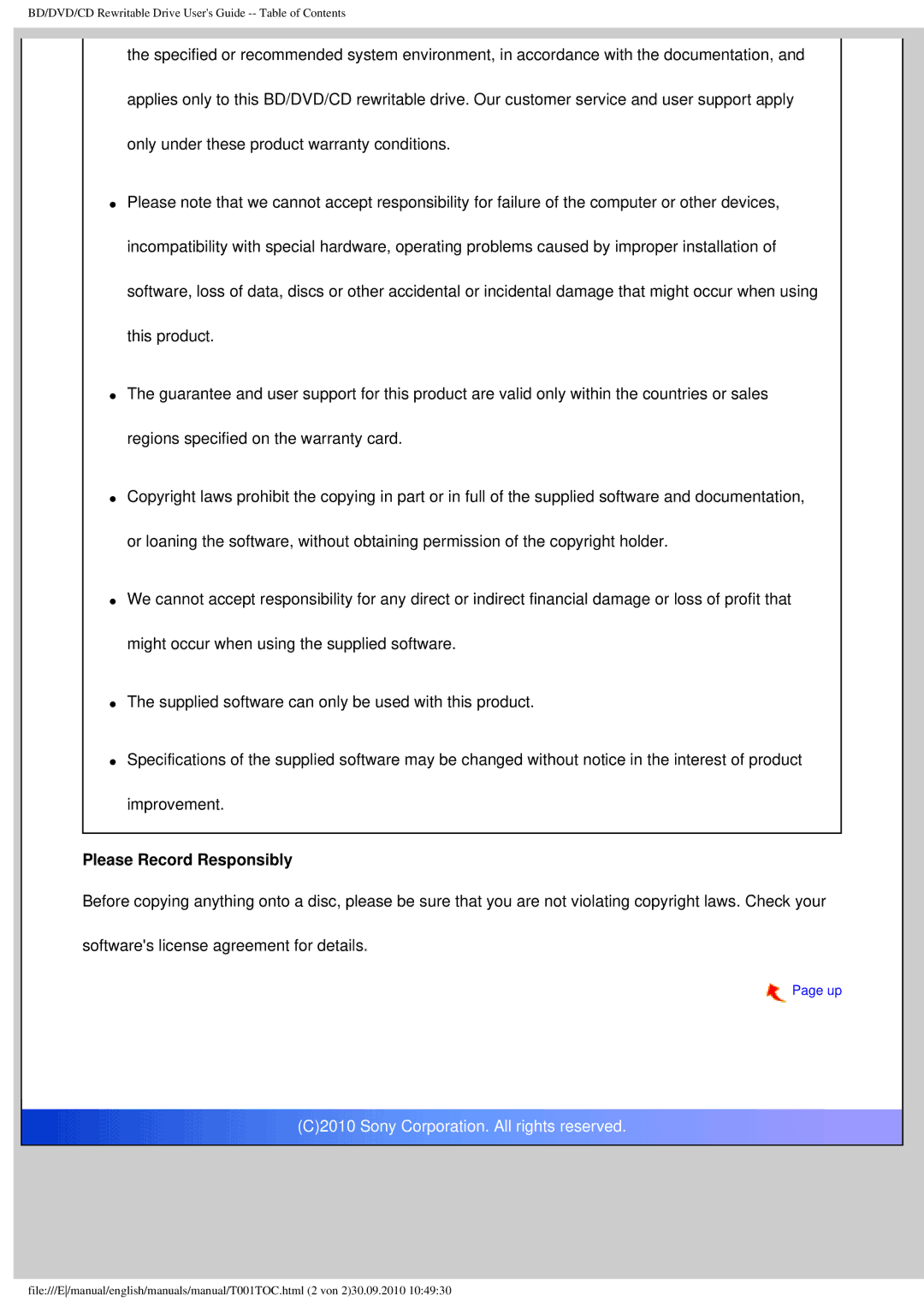 Sony BDX-S500U operating instructions Please Record Responsibly 