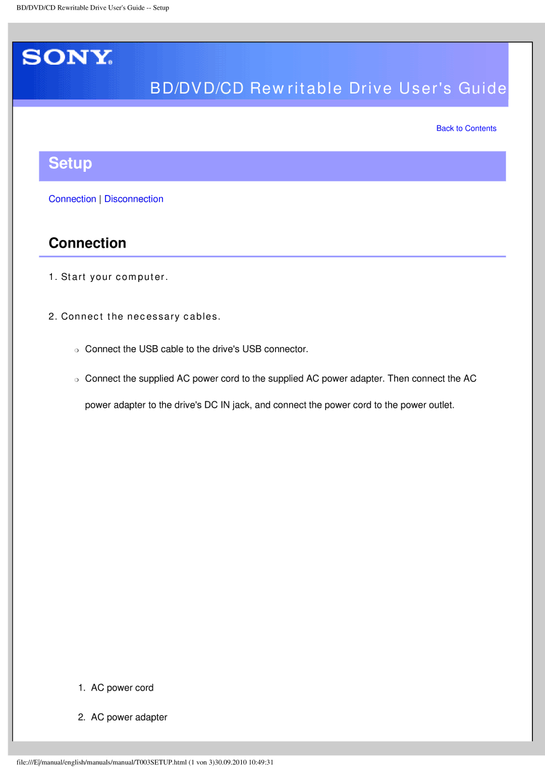 Sony BDX-S500U operating instructions Setup, Connection, Start your computer Connect the necessary cables 