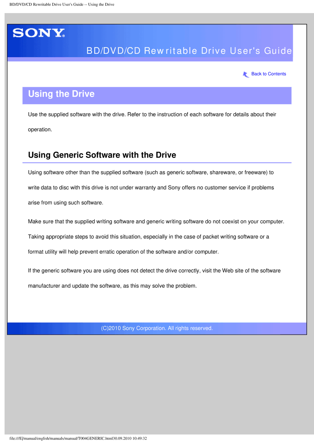 Sony BDX-S500U operating instructions Using the Drive, Using Generic Software with the Drive 